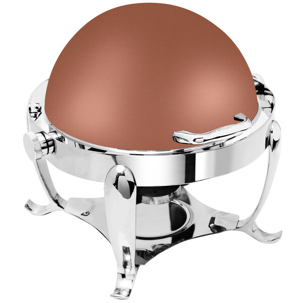 A round stainless steel chafer with a copper dome lid.