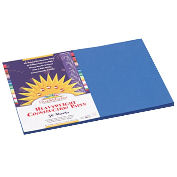 A pack of SunWorks bright blue construction paper with a yellow sun design on the label.