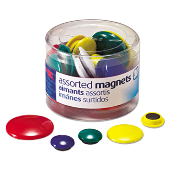 A plastic container of assorted colorful circle magnets.