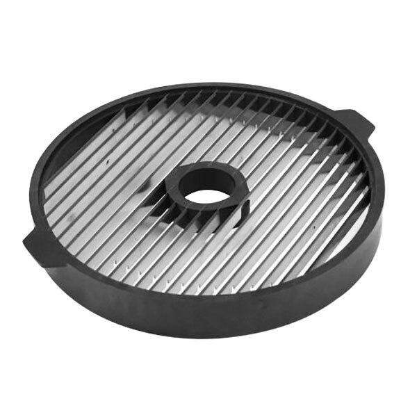 A circular black and silver Sammic French fry grid with a metal grate.