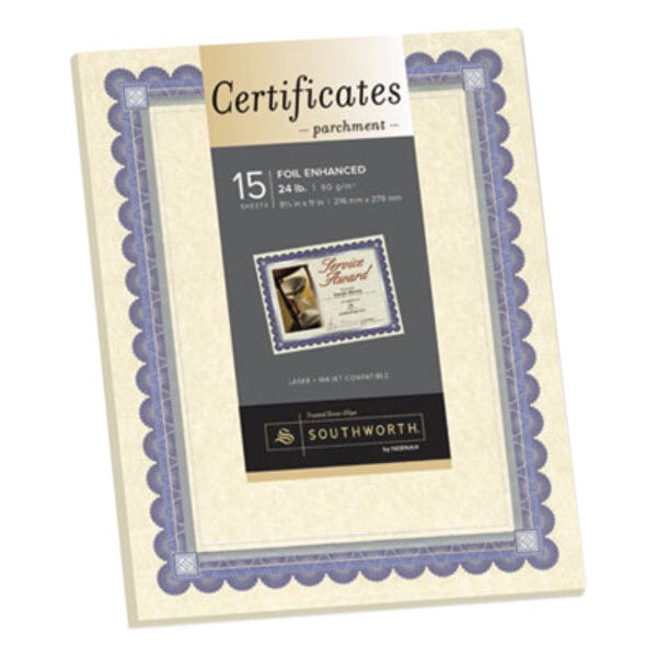 Southworth ivory parchment certificate paper with blue and silver foil accents.