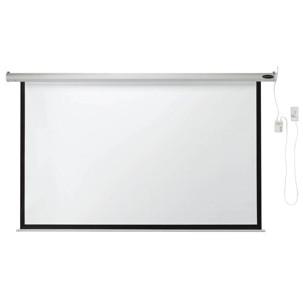 A white rectangular Aarco motorized projection screen with a cord attached to it.