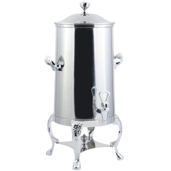 A Bon Chef stainless steel coffee chafer urn with a lid and chrome trim.