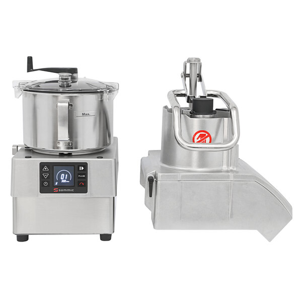 A Sammic variable-speed combination food processor with a stainless steel bowl and a container with a lid.