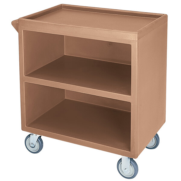 A brown plastic Cambro service cart with wheels.