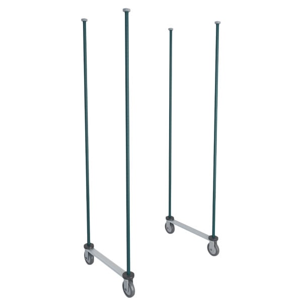 Two Metroseal 3 mobile shelving units with poles on wheels.