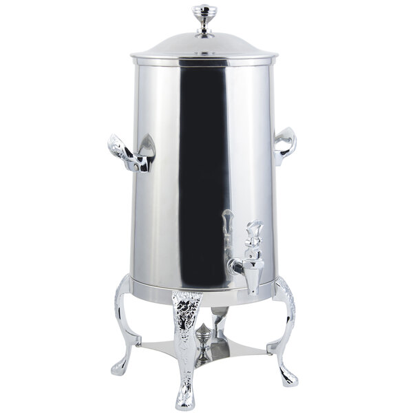 A stainless steel Bon Chef coffee chafer urn with a lid and chrome trim.
