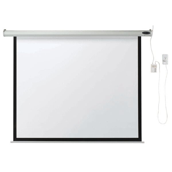 A white motorized projection screen with a cord attached.