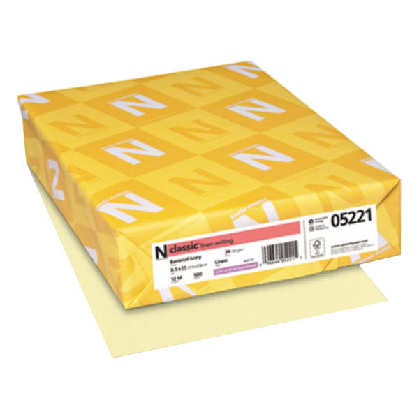 A yellow package of Neenah Baronial Ivory Linen Copy Paper with white and yellow labels.