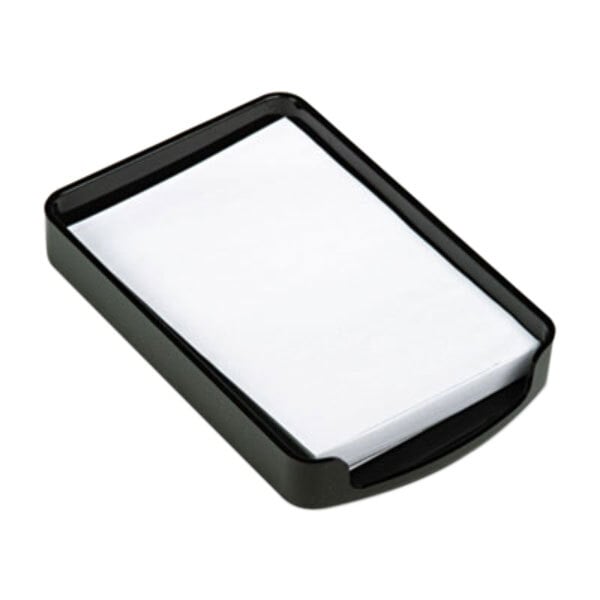 A black plastic memo holder with white paper on it.