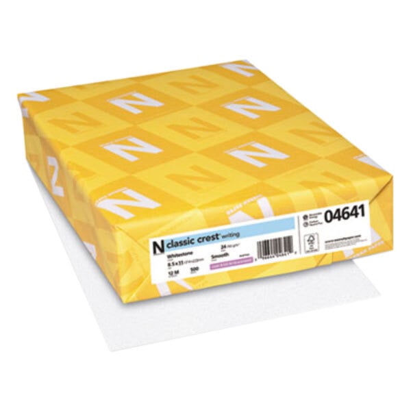 A yellow box with white letters on it and white and yellow designs, containing Neenah Whitestone copy paper.