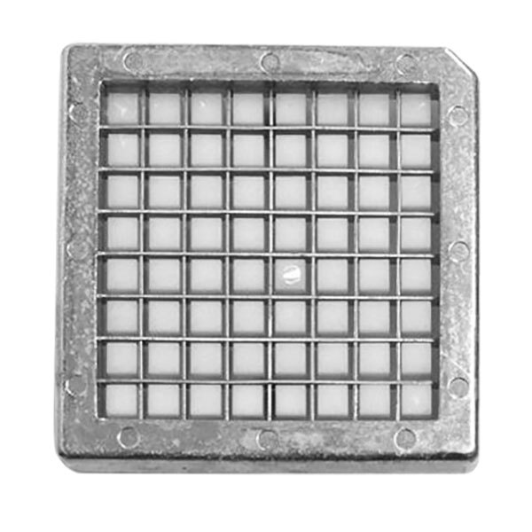 A metal grid with white squares and holes.