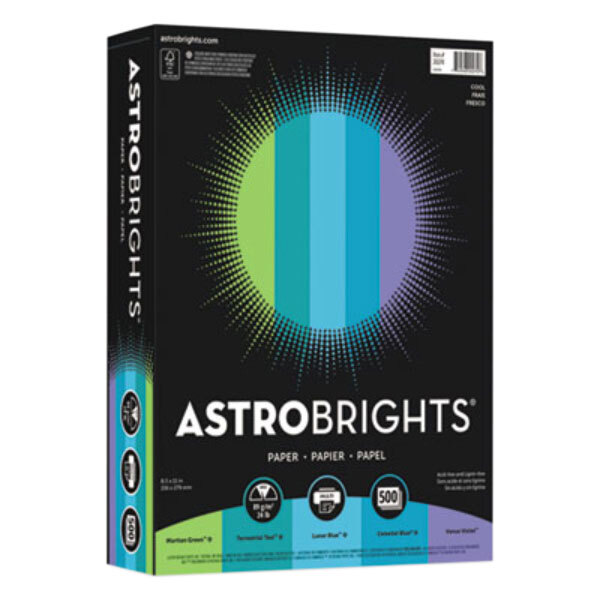 A box of Astrobrights cool color paper with a logo.
