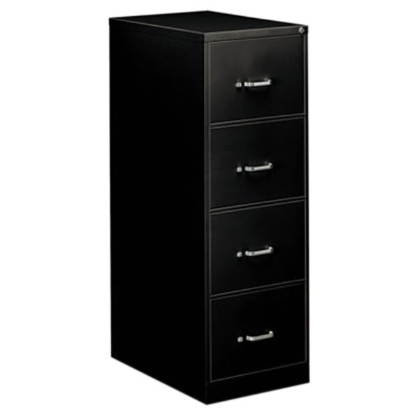 A black Alera four-drawer vertical legal file cabinet.