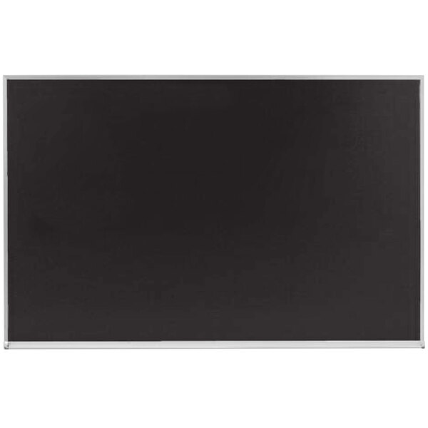 A black rectangular chalkboard with a white aluminum frame.