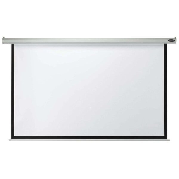 An Aarco matte white wall mounted projection screen with a black border and white boarder.