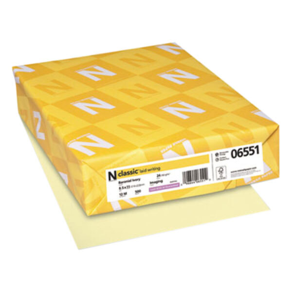 A yellow package of Neenah Baronial Ivory copy paper with white and yellow labels.