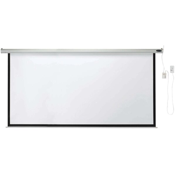 A white rectangular motorized projection screen with a cord attached to it.
