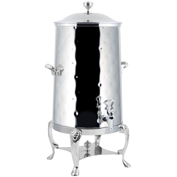 A Bon Chef stainless steel coffee chafer urn with a lid and stand.