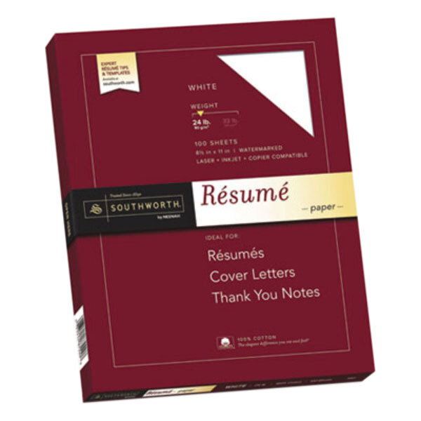 A package of Southworth white 100% cotton resume paper with a red label.