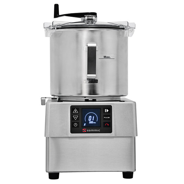 A silver Sammic stainless steel food processor with a digital display.
