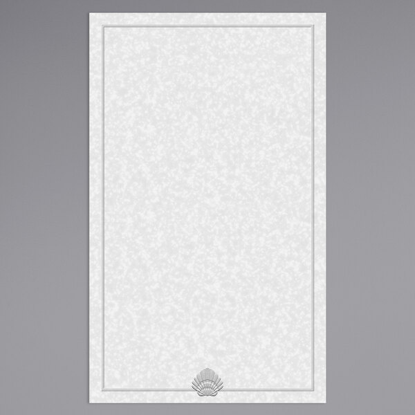 A white rectangular menu paper with a blue shell border.