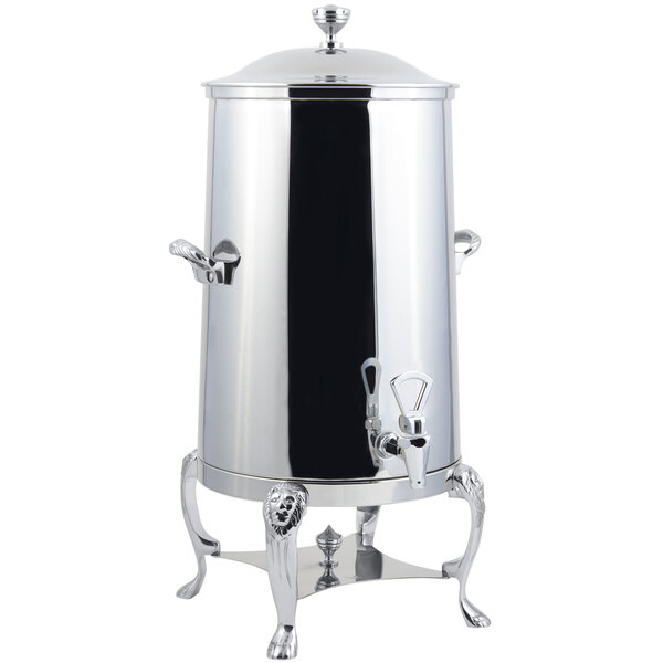 A Bon Chef stainless steel coffee chafer urn with chrome trim and two spigots.