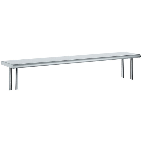 An Advance Tabco stainless steel shelving unit mounted on a table with long shelves.