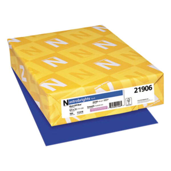 A yellow box of Astrobrights Blast-Off Blue paper with white and blue labels.