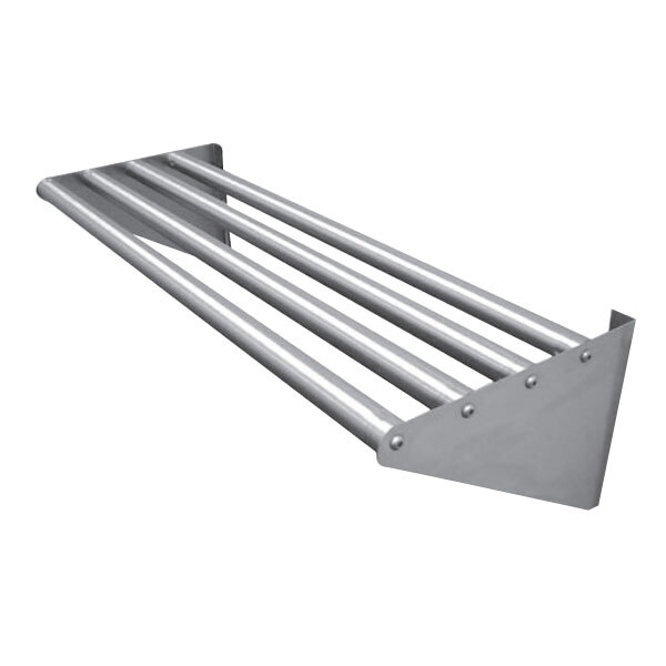 An Advance Tabco stainless steel wall mounted rack with four metal bars.