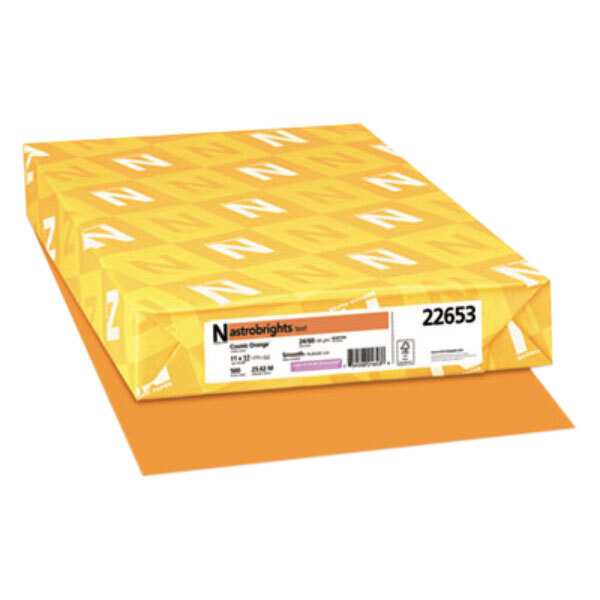 A yellow box of Astrobrights Cosmic Orange color paper with white label.