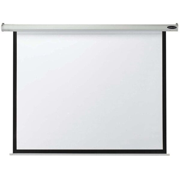 A white wall mounted projection screen with a black border.