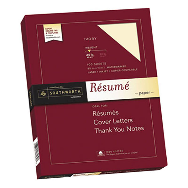 A red box with white text reading "Southworth 100% Cotton Resume Paper"
