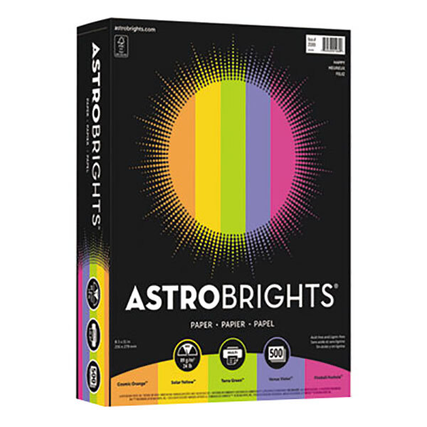 A box of Astrobrights Happy Color Paper with a colorful circle with dots on it.