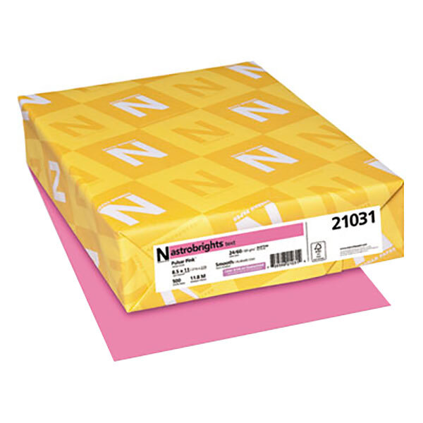 Astrobrights Pulsar Pink paper ream label with white and yellow letters on a yellow box.