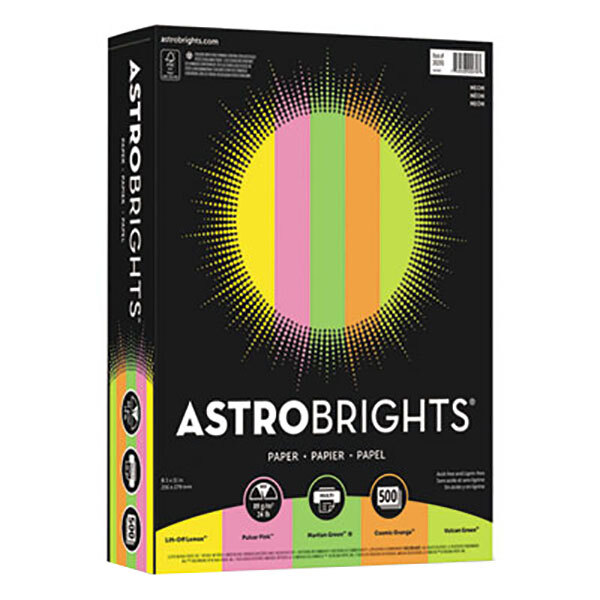 A box of Astrobrights neon colored paper with a colorful logo.