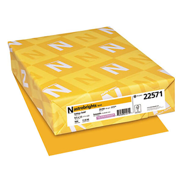 A yellow package of Astrobrights Galaxy Gold paper with white and yellow letters.