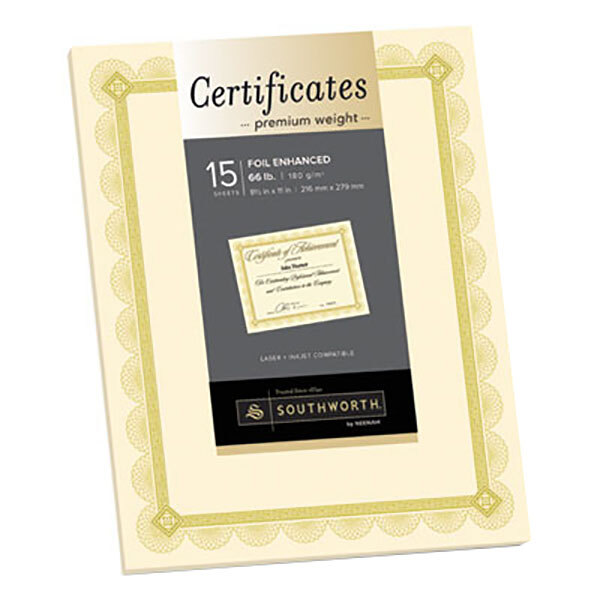 Southworth ivory certificate paper with a gold foil border and a white background.