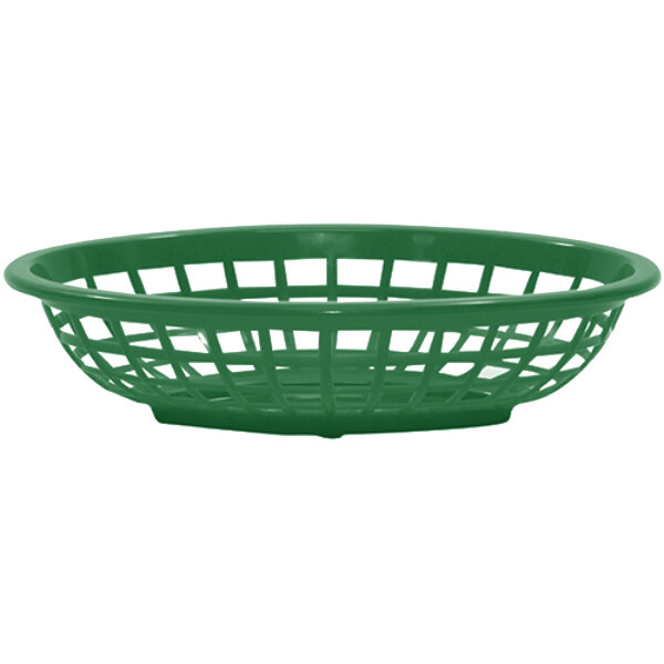 A forest green plastic Tablecraft oval side order basket with holes and a handle on a white background.