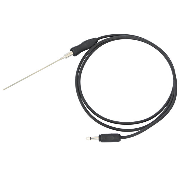 A black cable with a long needle tip and a white connector.