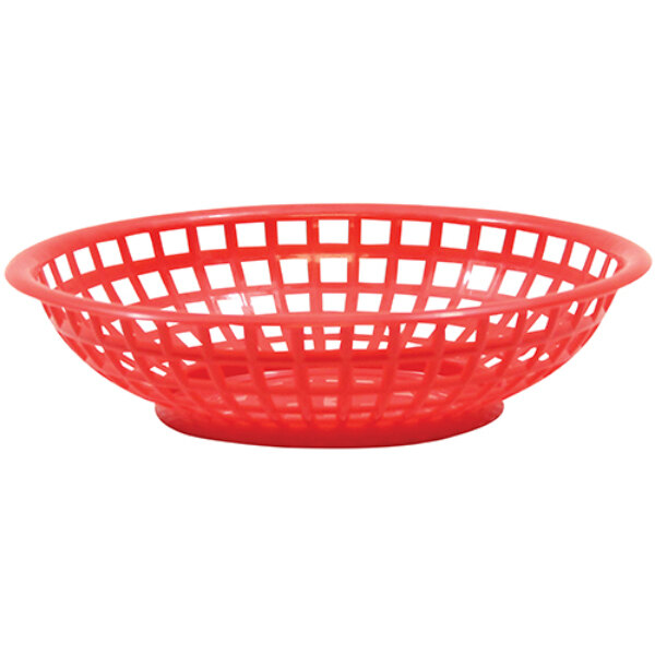 A close-up of a Tablecraft red plastic basket with holes.