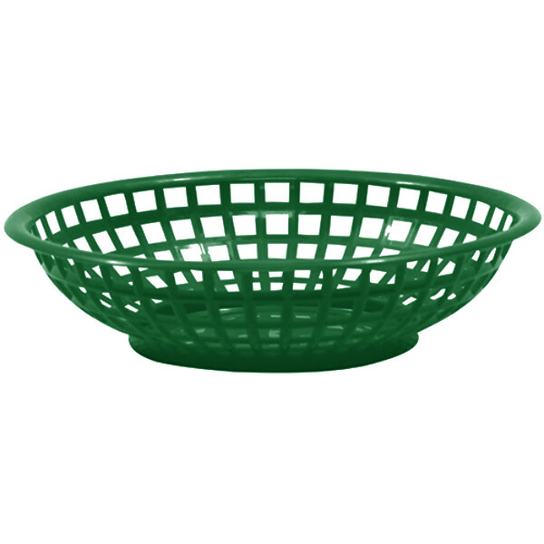 A close-up of a Tablecraft forest green serving basket with holes.