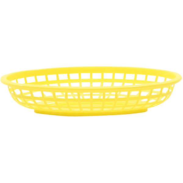 A Tablecraft yellow classic oval plastic basket.