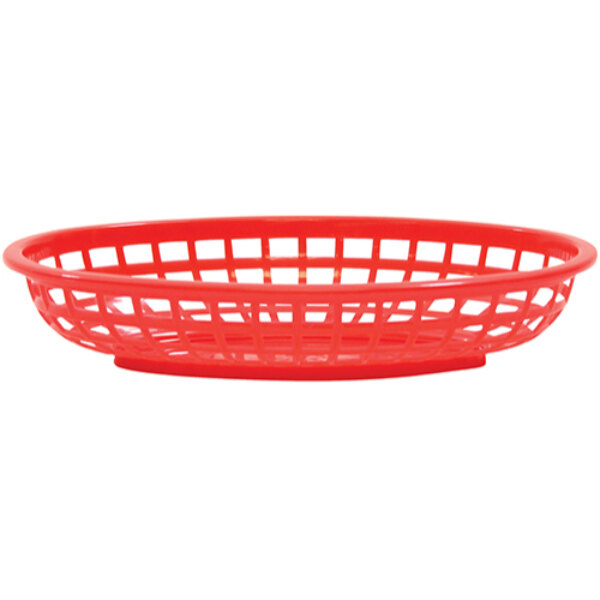 A close-up of a red Tablecraft oval plastic basket with holes and a handle.