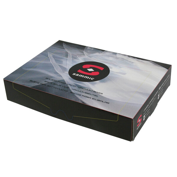 A black box of Sammic vacuum packaging bags with a white design and red logo.