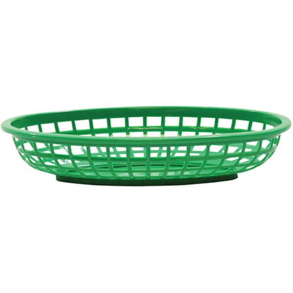 A close-up of a Tablecraft green plastic oval basket with a handle.