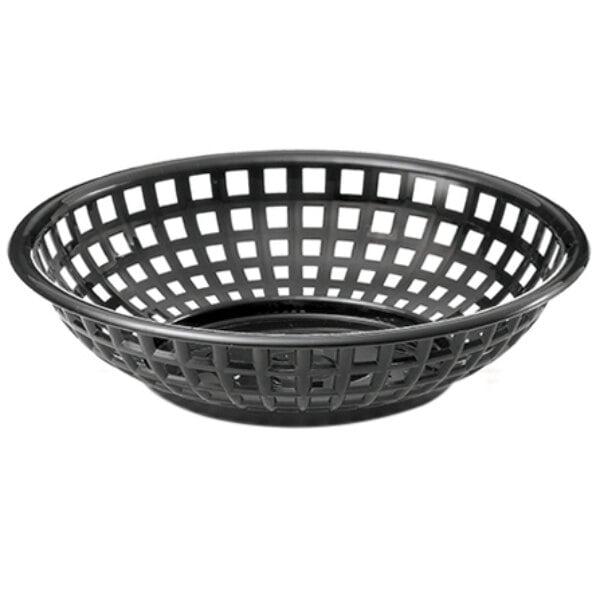 A black Tablecraft plastic serving basket with holes.