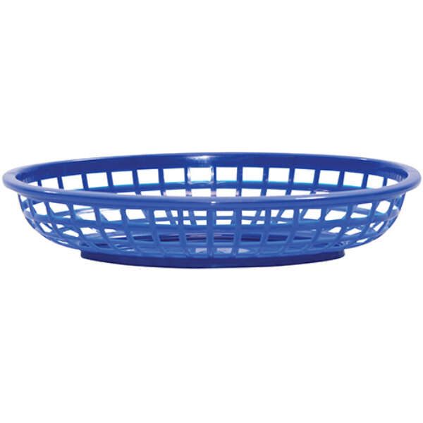 A close-up of a blue Tablecraft oval plastic basket with holes.
