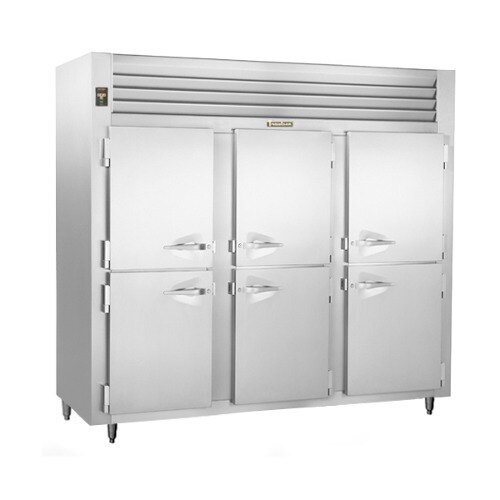 A white Traulsen Specification Line reach-in freezer with three doors and handles.