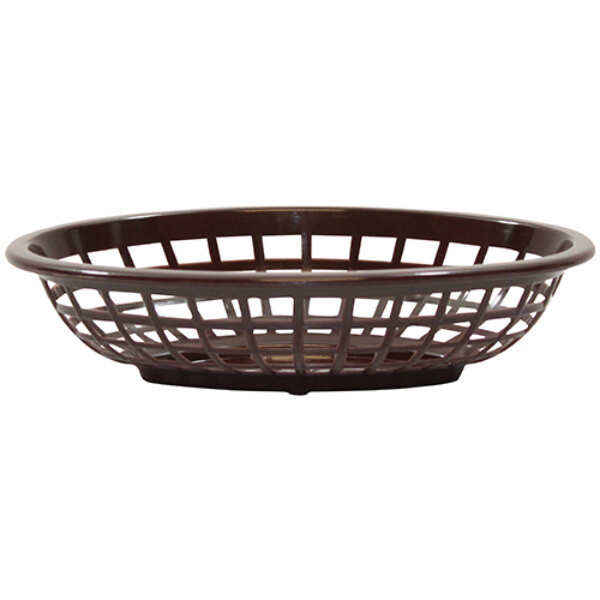 A brown Tablecraft oval plastic basket with holes on a white background.